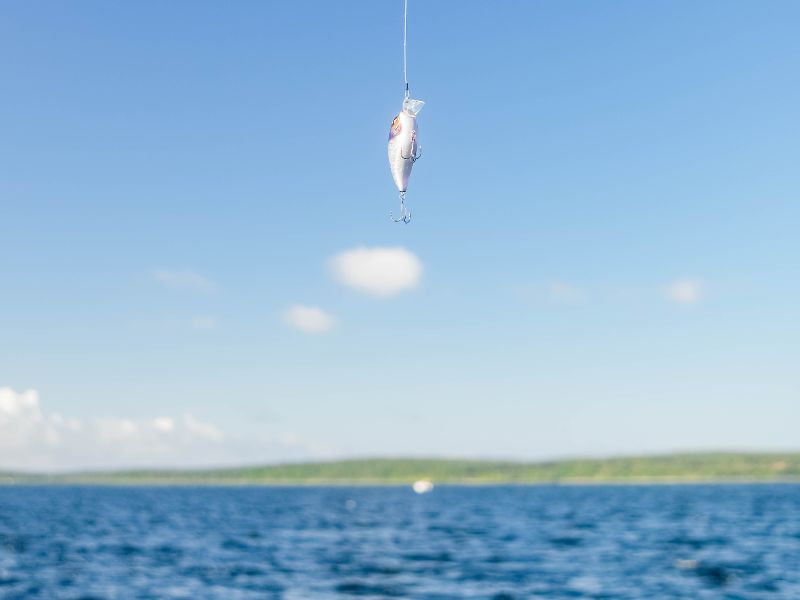 Un leurre accroché à une canne à pêche sur le lac dans les Landes